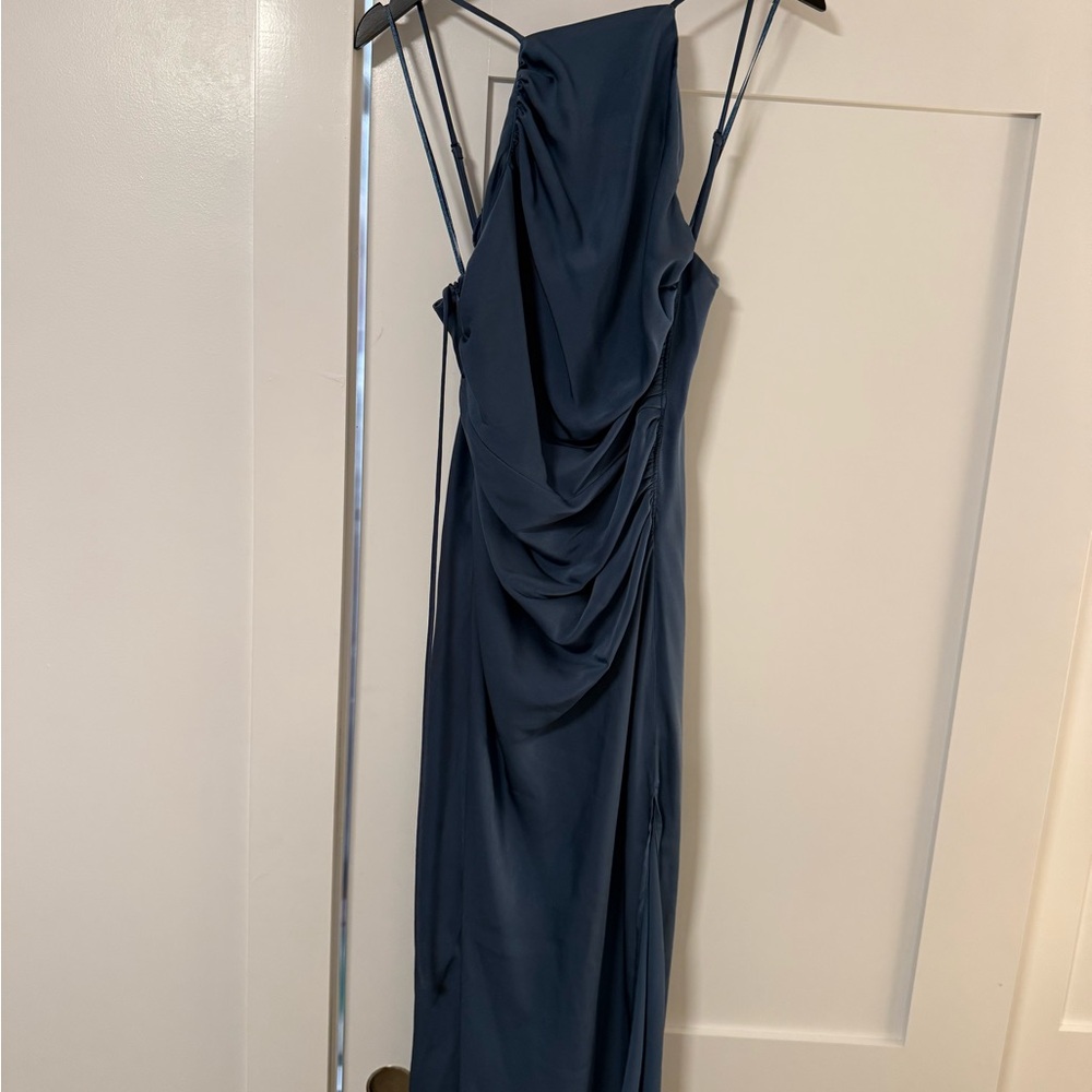 ASTR Front Slit Satin Halter Dress in Steel Blue